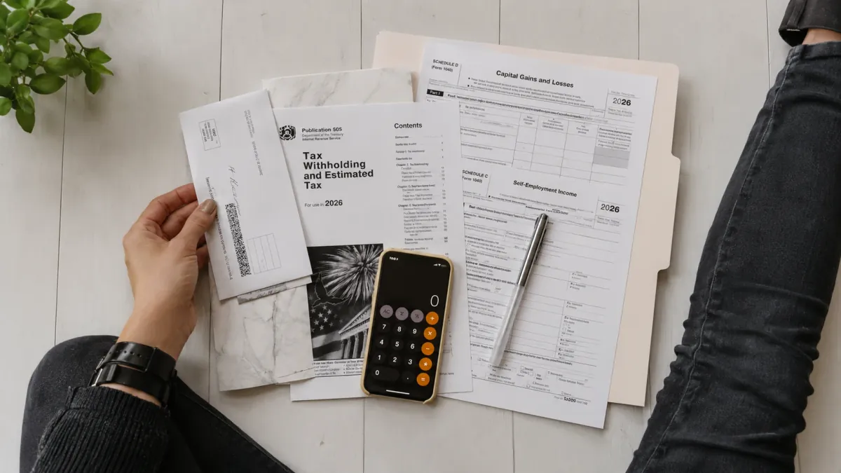 Tax paperwork, calculator, and refund forms on a desk for save money on tax planning.